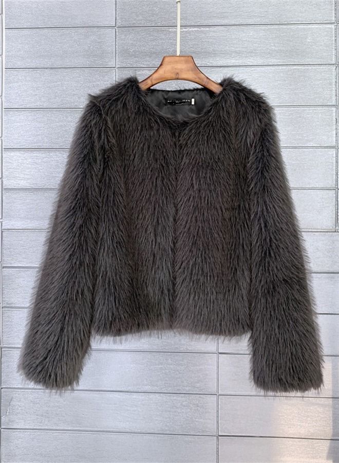 Loquat Women's Solid Color Imitation Fur Short Coat Dark Grey  - Image 1