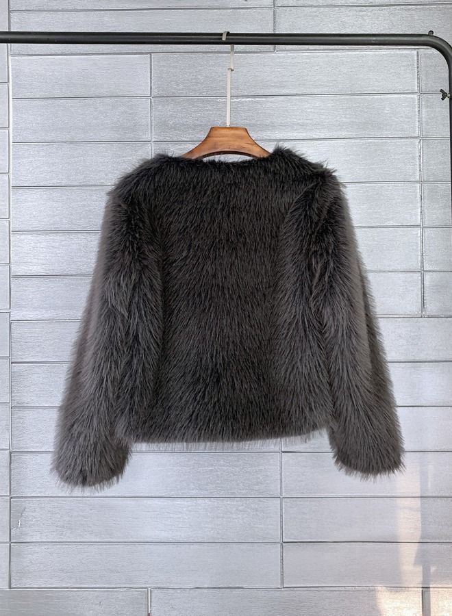 Loquat Women's Solid Color Imitation Fur Short Coat Dark Grey  - Image 3