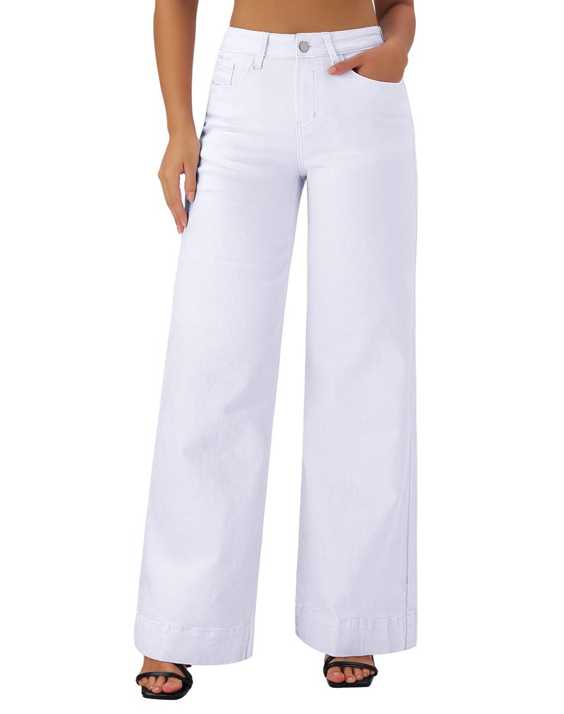 roswear Women's Wide Leg Jeans Casual High Waisted Stretchy Baggy Loose Long Trouser Jeans White Small - Image 1