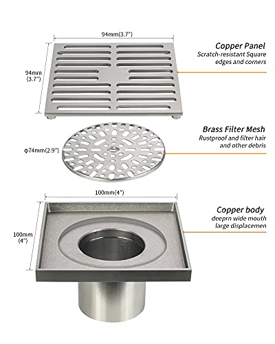 PHASAT Brass Floor Drain Contemporary 4 inches Square, with Removable Strainer,Brushed Nickel,80601N - Image 2