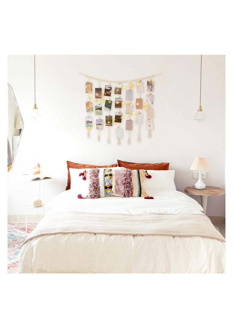 Zikra Macrame Hanging Photo Display Wall Decor, with String Lights Boho Wooden Beads Garland Collage Picture Frame Holder, with 45 Clips for Bedroom Living Room Nursery Dorm, Teen Girl Christmas Gifts - Image 2