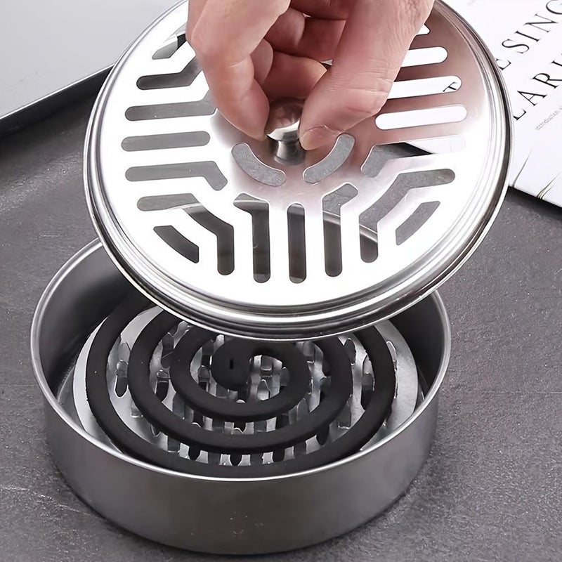 Stainless Steel Mosquito Coil Holder With Lid Fireproof Heat Resistant Incense Tray Stand For Home And Outdoor Use - Image 1