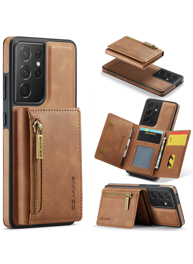 DGMING CaseMe Wallet Case for Samsung Galaxy S21 Ultra DGMING Premium Leather Phone Case Back Cover Magnetic Detachable with Trifold Wallet Card Holder Pocket - Brown - Image 1