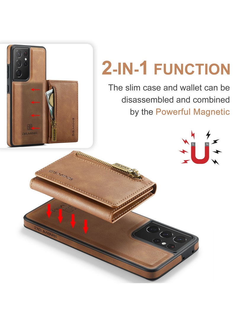 DGMING CaseMe Wallet Case for Samsung Galaxy S21 Ultra DGMING Premium Leather Phone Case Back Cover Magnetic Detachable with Trifold Wallet Card Holder Pocket - Brown - Image 3