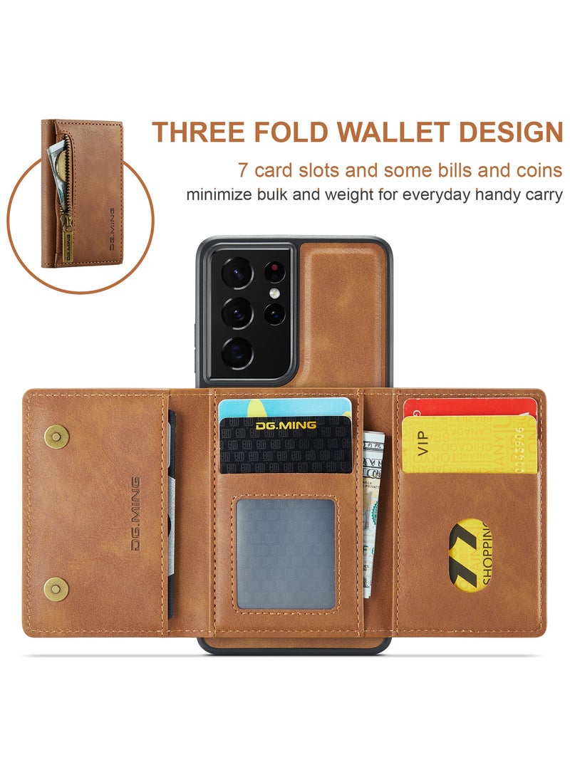 DGMING CaseMe Wallet Case for Samsung Galaxy S21 Ultra DGMING Premium Leather Phone Case Back Cover Magnetic Detachable with Trifold Wallet Card Holder Pocket - Brown - Image 4