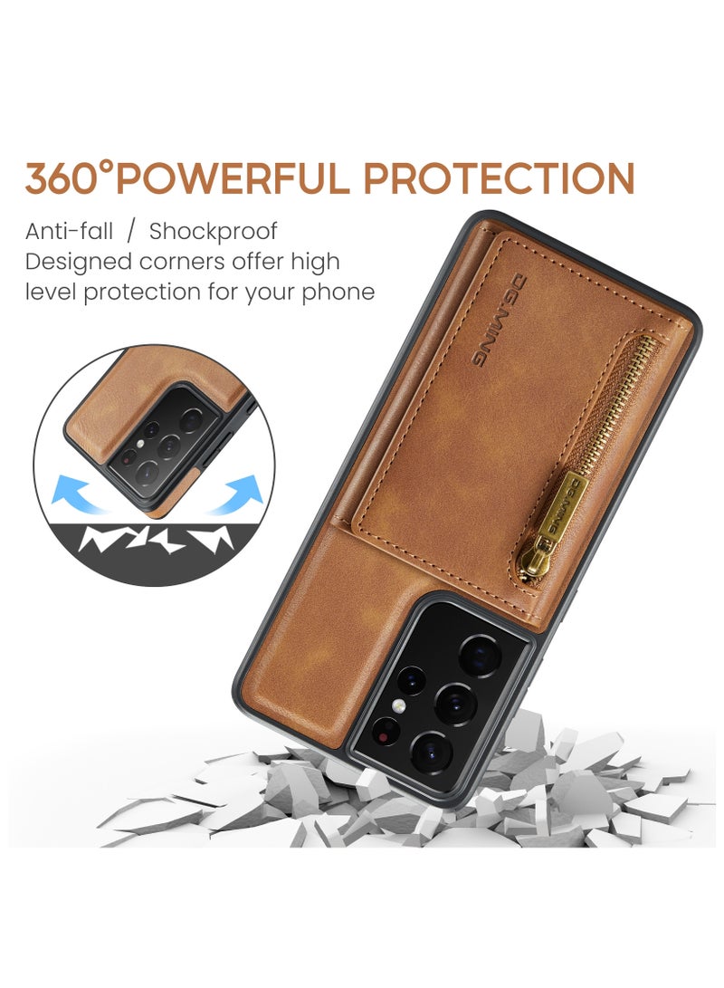 DGMING CaseMe Wallet Case for Samsung Galaxy S21 Ultra DGMING Premium Leather Phone Case Back Cover Magnetic Detachable with Trifold Wallet Card Holder Pocket - Brown - Image 5