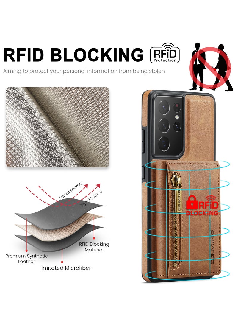DGMING CaseMe Wallet Case for Samsung Galaxy S21 Ultra DGMING Premium Leather Phone Case Back Cover Magnetic Detachable with Trifold Wallet Card Holder Pocket - Brown - Image 2