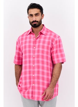 Greg Norman Men Regular Fit Short Sleeves Plaid Casual Shirt, Pink  - Image 1
