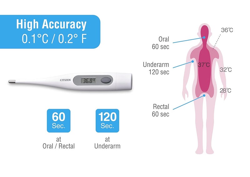 سيتيزن مقياس حرارة رقمي من سيتيزن CTA-303 - قراءات سريعة ودقيقة، مقاوم للماء، إنذار الحمى، مضاد للبكتيريا، أبيض - Image 5