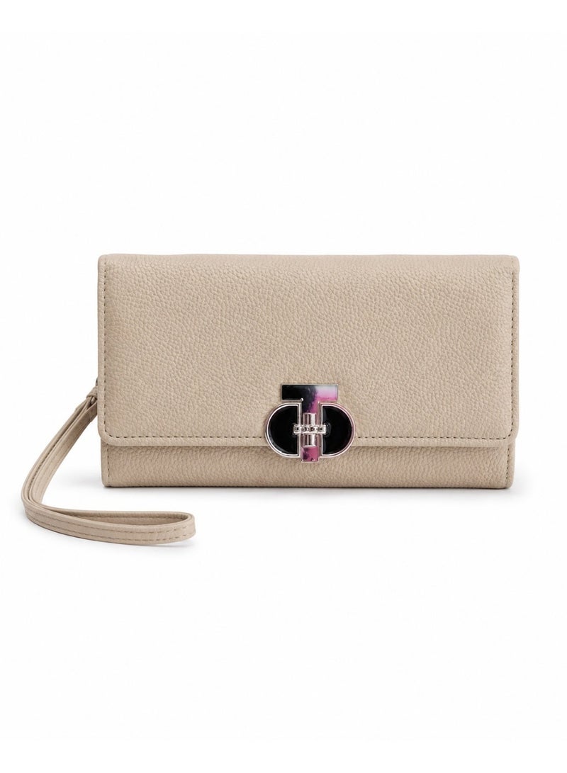 zoba Elegant long women's wallet – beige pebbled leather with a gold and black metal clasp – practical wallet for cards, cash, and mobile phone - Image 1