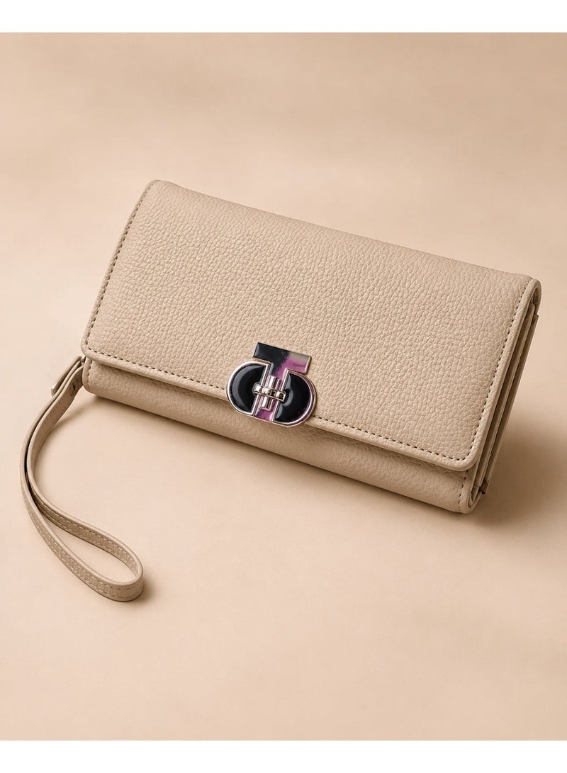 zoba Elegant long women's wallet – beige pebbled leather with a gold and black metal clasp – practical wallet for cards, cash, and mobile phone - Image 5