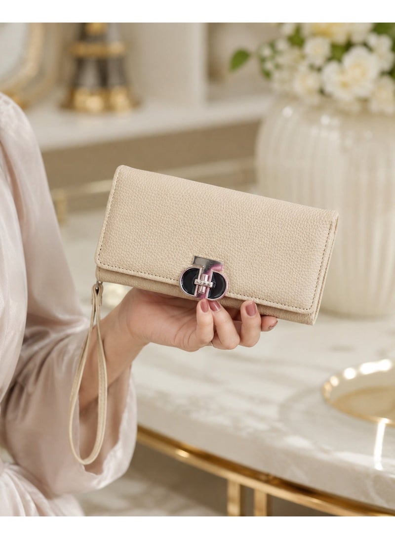 zoba Elegant long women's wallet – beige pebbled leather with a gold and black metal clasp – practical wallet for cards, cash, and mobile phone - Image 3