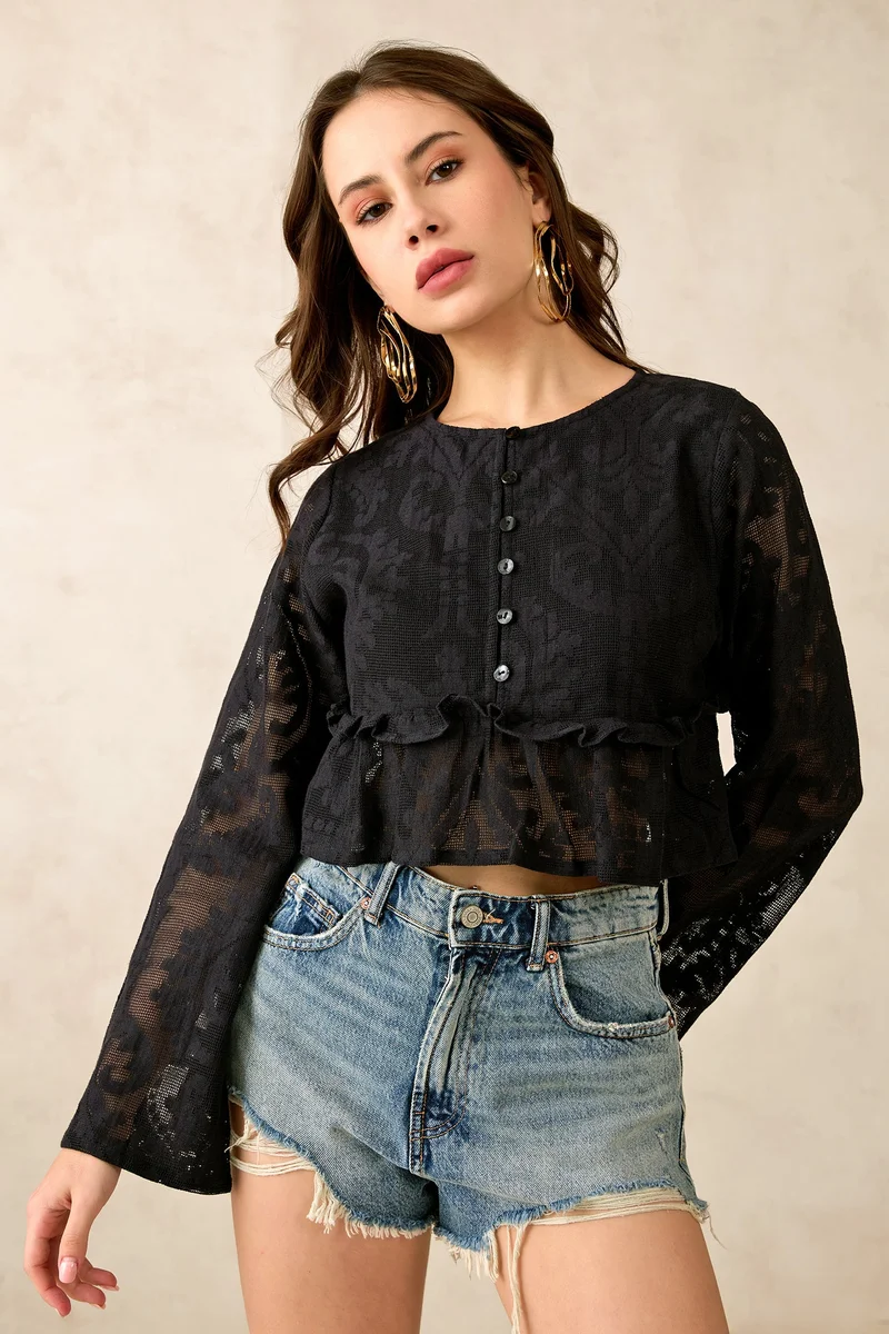Virgio VIRGIO Cotton Crochet & Flared Hem Crop Top