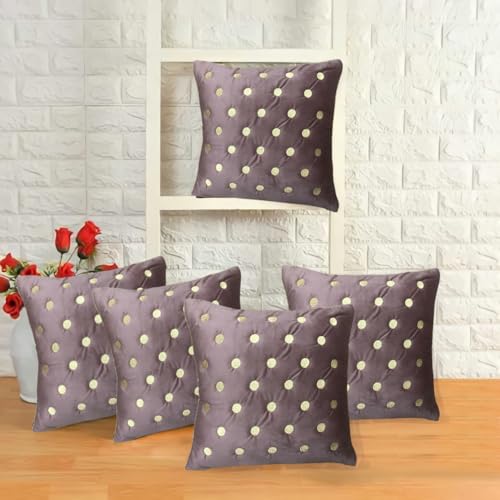 IM FAB Polka Emboridery Velvet Fabric Decorative Throw Cushion Cover 16X16 Set of 5 (Pink) - Image 1