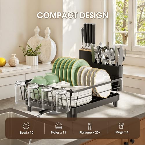 Runnatal Dish Drying Rack, Stainless Steel Dish Rack with Drainboard for Kitchen Counter and Sink, Large Capacity Dish Drainer, Detachable 2-in-1 Utensil Holder, Cup Holder, Black - Image 3