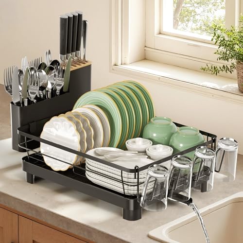 Runnatal Dish Drying Rack, Stainless Steel Dish Rack with Drainboard for Kitchen Counter and Sink, Large Capacity Dish Drainer, Detachable 2-in-1 Utensil Holder, Cup Holder, Black - Image 1