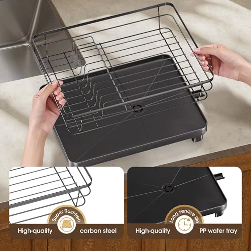 Runnatal Dish Drying Rack, Stainless Steel Dish Rack with Drainboard for Kitchen Counter and Sink, Large Capacity Dish Drainer, Detachable 2-in-1 Utensil Holder, Cup Holder, Black - Image 5