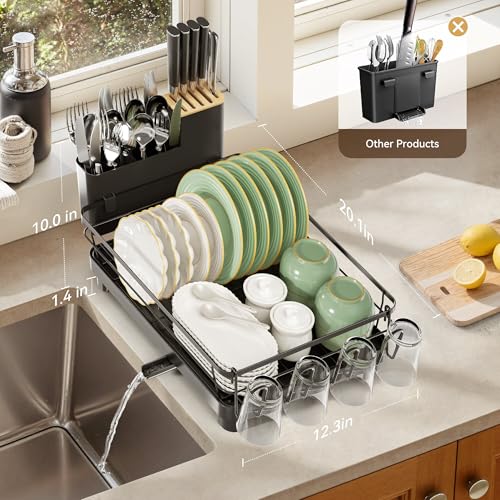 Runnatal Dish Drying Rack, Stainless Steel Dish Rack with Drainboard for Kitchen Counter and Sink, Large Capacity Dish Drainer, Detachable 2-in-1 Utensil Holder, Cup Holder, Black - Image 2