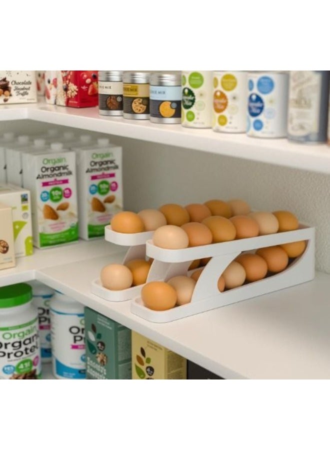 Space-saving design: The slim, two-tiered structure takes up only a small corner of the refrigerator and fits perfectly in a compact fridge or cupboard. It makes managing the interior of the refrigerator much easier overall and keeps it looking tidy. Gravity-feeding design: Eggs roll out simultaneously with a gentle rotating motion, ensuring they all stay at the front, not the back, so you can easily see which ones were the oldest and use them first. - Image 1