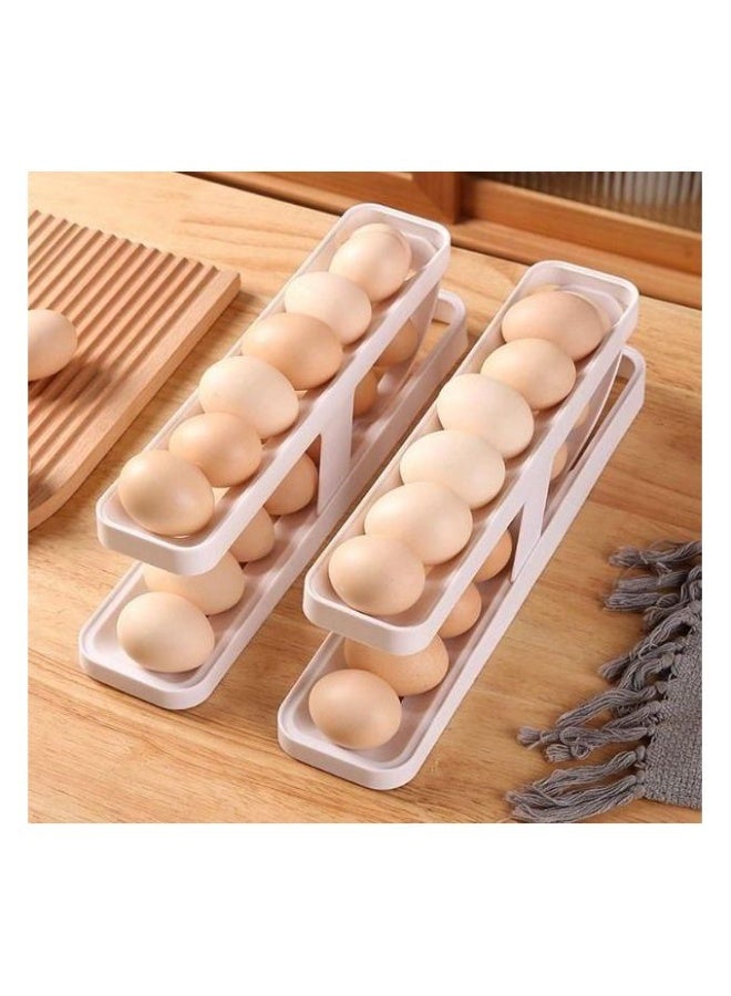 Space-saving design: The slim, two-tiered structure takes up only a small corner of the refrigerator and fits perfectly in a compact fridge or cupboard. It makes managing the interior of the refrigerator much easier overall and keeps it looking tidy. Gravity-feeding design: Eggs roll out simultaneously with a gentle rotating motion, ensuring they all stay at the front, not the back, so you can easily see which ones were the oldest and use them first. - Image 2