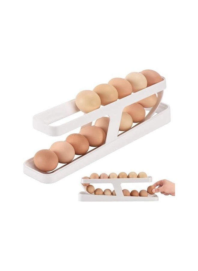 Space-saving design: The slim, two-tiered structure takes up only a small corner of the refrigerator and fits perfectly in a compact fridge or cupboard. It makes managing the interior of the refrigerator much easier overall and keeps it looking tidy. Gravity-feeding design: Eggs roll out simultaneously with a gentle rotating motion, ensuring they all stay at the front, not the back, so you can easily see which ones were the oldest and use them first. - Image 3