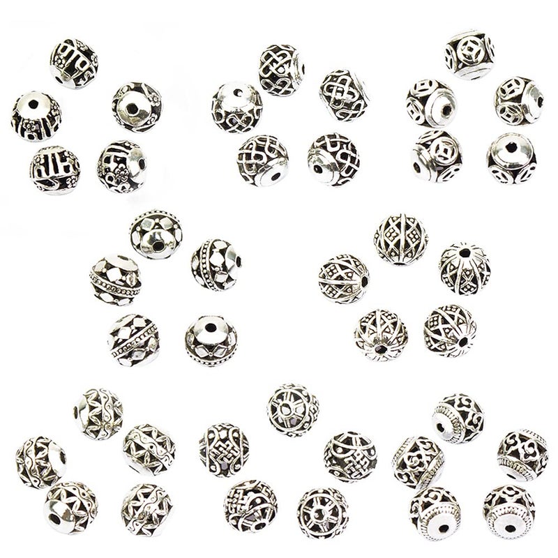LolliBeads TM 10mm 40 Pcs Tibetan Silver Round Hollow Spacer Charm Beads Jewelry Findings Mix Lot Box Set Assortment