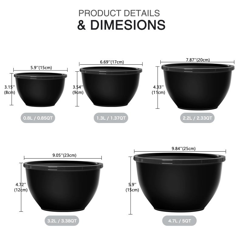 Greentainer Plastic Mixing Bowls with Lids Set for Kitchen, Nesting Bowls for Mixing, Baking, Prepping, Cooking and Serving Food, Mixing Bowls Dishwasher, Microwave Safe (Black) - Image 2