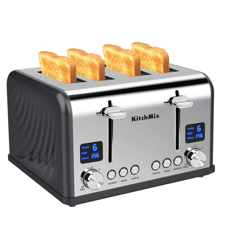 KitchMix Toaster 4 Slice Bagel Stainless Toaster with LCD Timer Extra Wide Slots Dual Screen Removal Crumb Tray Gray