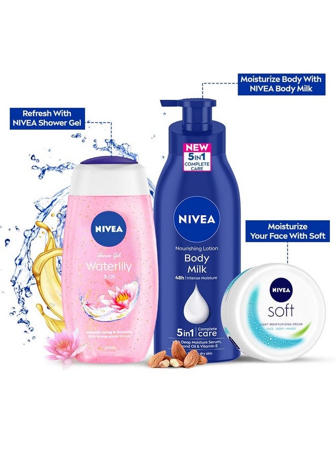 NIVEA Complete Regime Kit - Soft 300ml Moisturizing Cream, Body Milk 400ml Nourishing Lotion & Water-Lily Flower 250ml Refreshing Shower Gel - Image 2