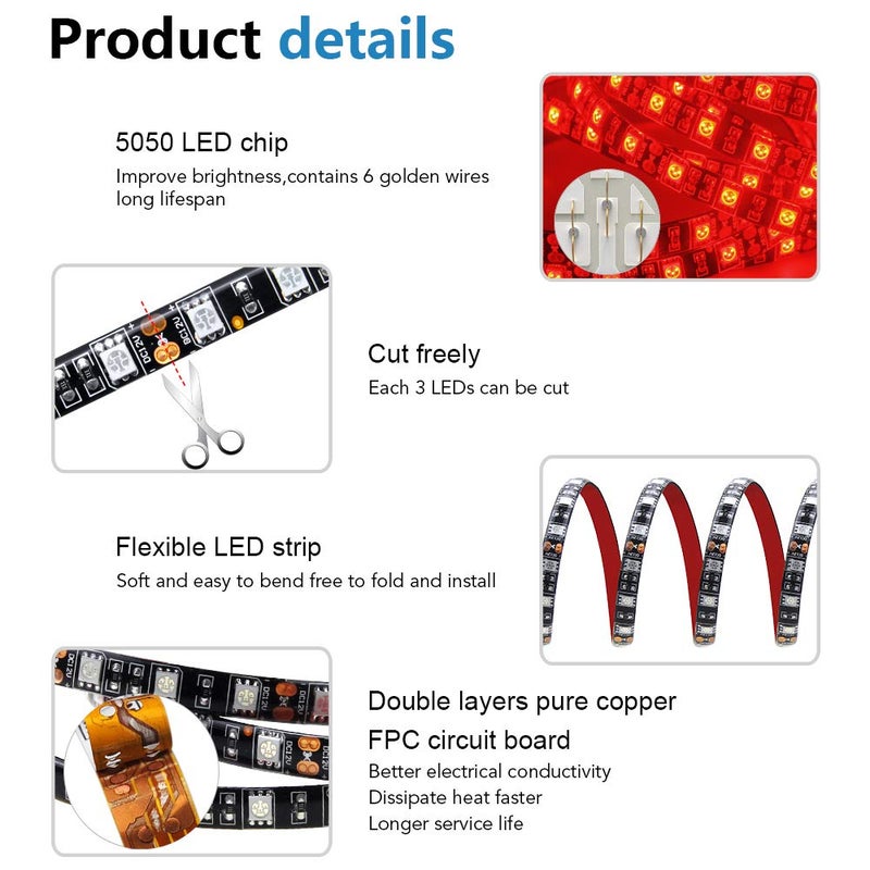 ALITOVE 16.4ft 5050 SMD Red LED Flexible Strip Ribbon Light 5M 300 LEDs Waterproof IP65 DC 12V for Home Garden Commercial Area Lighting, Without Power Supply - Image 3
