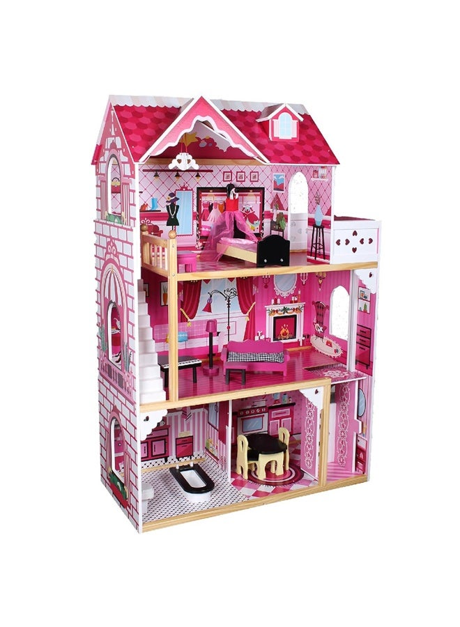 Little Story بيت الدمى الخشبي من ليتل ستوري - ثلاث طوابق - كبير جداً مع مصعد، أثاث وإكسسوارات - وردي - Image 1