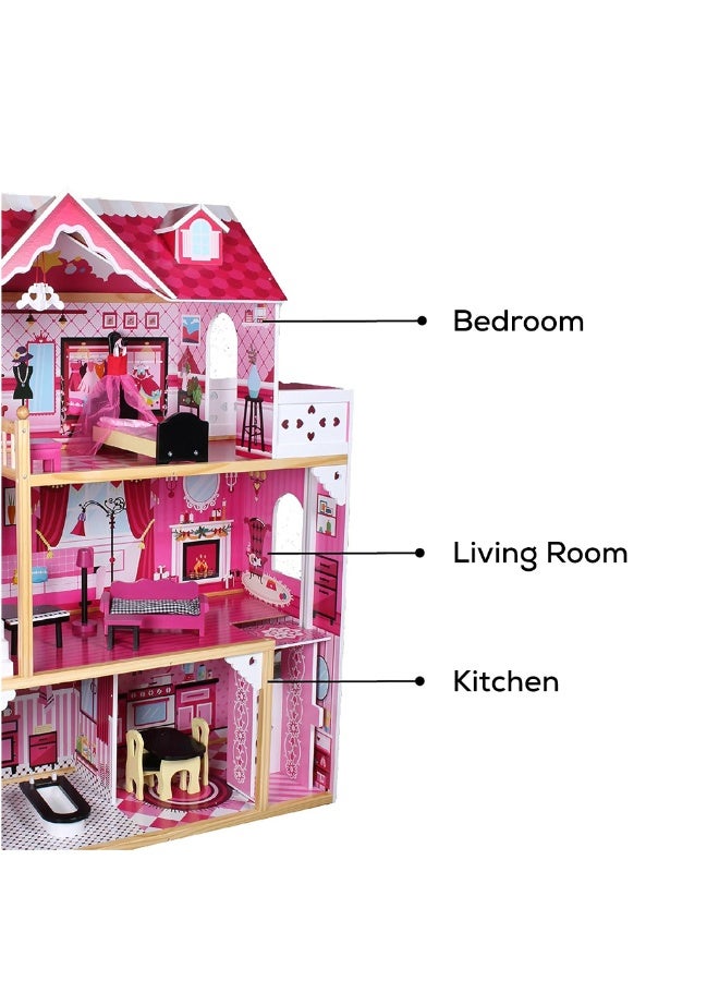 Little Story بيت الدمى الخشبي من ليتل ستوري - ثلاث طوابق - كبير جداً مع مصعد، أثاث وإكسسوارات - وردي - Image 5