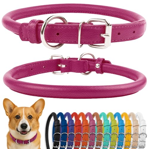CollarDirect Rolled Leather Dog Collar, Soft Padded Round Puppy Collar, Handmade Genuine Leather Collar Dog Small Large Cat Collars 13 Colors (13-16 Inch, Pink Textured) - Image 1