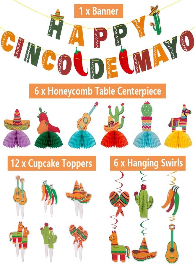 DUNCHATY 43PCS Cinco de Mayo Fiesta Party Decorations, Mexican Themed Party Supplies with Banner, Hanging Swirls, Honeycombs & Cupcake Toppers - Image 2