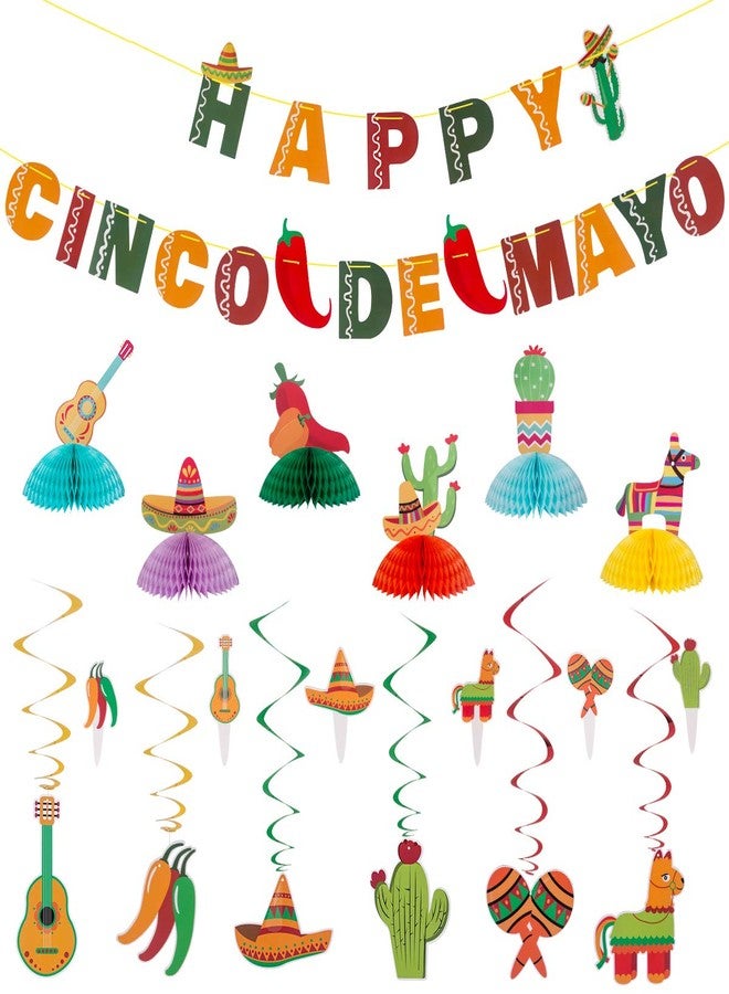 DUNCHATY 43PCS Cinco de Mayo Fiesta Party Decorations, Mexican Themed Party Supplies with Banner, Hanging Swirls, Honeycombs & Cupcake Toppers - Image 1