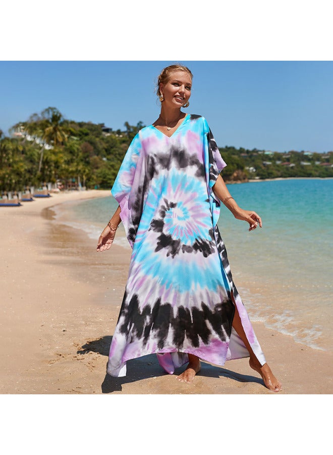 إسكدنيا بلوزة شاطئ رايون أوروبية وأمريكية مصبوغة برباط، رداء فضفاض على شاطئ البحر للحماية من الشمس، ملابس سباحة بي، ملابس خارجية - اللون: 23 وردي أزرق أسود - - Image 1