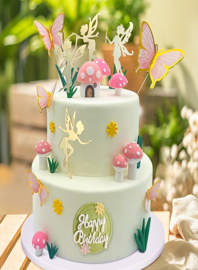 Tarocynn 31Pcs Fairy Cake Topper Mushroom Cake Decoration Butterfly Garden Theme Cake Decor for Birthday Baby Shower (Pink) - Image 5