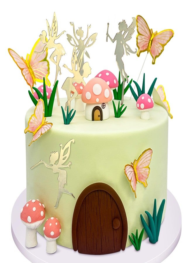 Tarocynn 31Pcs Fairy Cake Topper Mushroom Cake Decoration Butterfly Garden Theme Cake Decor for Birthday Baby Shower (Pink) - Image 1