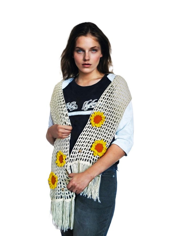 Skaista SKAISTA FloraWeave Shawl For Women Sunflowers Cream Trelly Scarf For Women Handmade Crocheted Summer Stylish Soft Cotton Winter Wear - Image 1