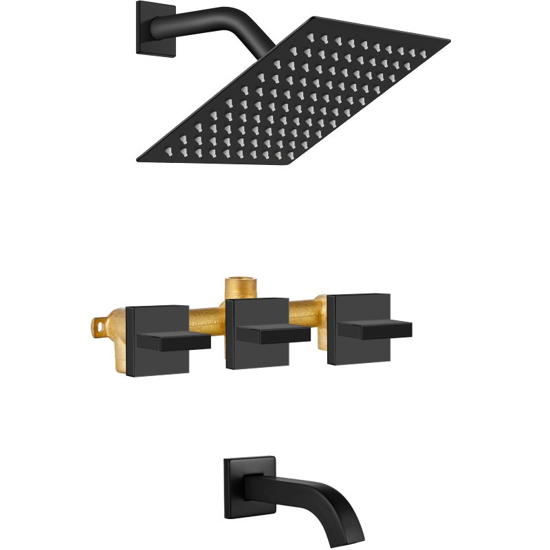 Midanya 3 Handle Tub Shower Faucet with Tub Spout8inch Rainfall Bathtub Rain Shower Faucet Set and Roughin Valve Wall Mount Bathroom Trim Kit Shower System Square Shower Head Matte Black