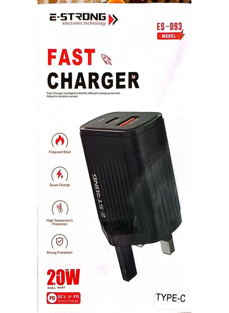 E-Strong 20W Dual Port Fast Charger - Compact Wall Adapter for iPhone and Android, Laptop, Macbook - 20 Watt PD Charger Block for Mobile Phone, Portable and Fast Charging with 1 USB-C and 1 USB-A Ports - Image 2