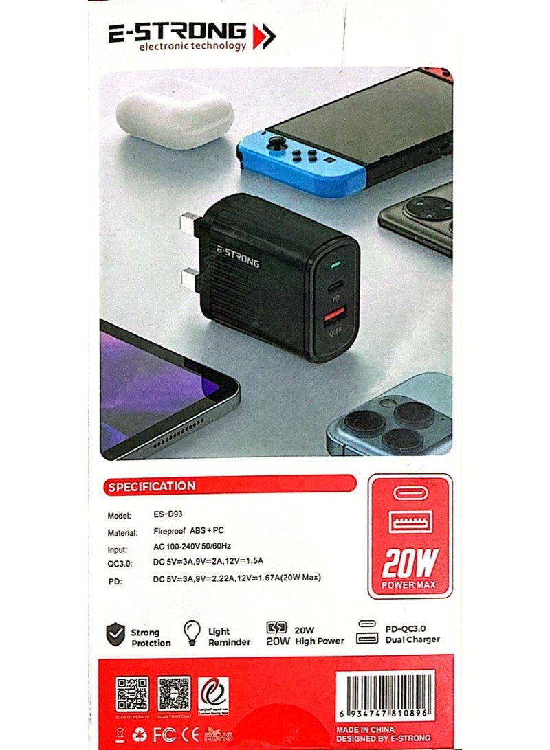 E-Strong 20W Dual Port Fast Charger - Compact Wall Adapter for iPhone and Android, Laptop, Macbook - 20 Watt PD Charger Block for Mobile Phone, Portable and Fast Charging with 1 USB-C and 1 USB-A Ports - Image 1