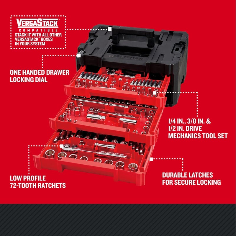 CRAFTSMAN مجموعة أدوات ميكانيكية مكونة من 262 قطعة من كرافتسمان مع صندوق أدوات VERSASTACK ذو 3 أدراج مجموعة SAEMetric CMMT45309 - Image 3