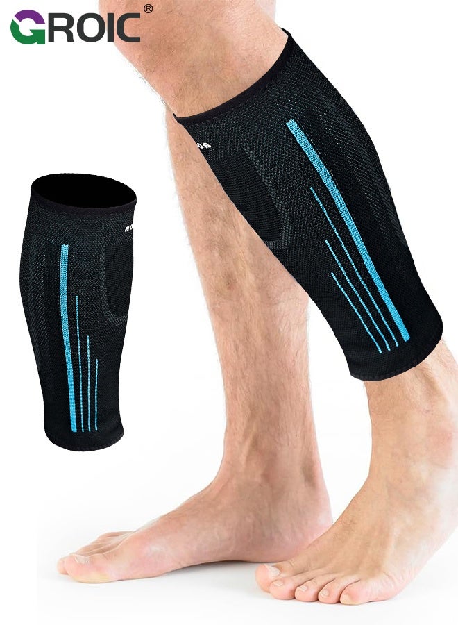 GROIC 1 Pair Calf Compression Sleeves,Footless Compression Socks Support for Varicose Veins, Running,Compression Shin Sleeve for Men & Women,Leg Sleeve Brace for Shin Splints, Pain Relief and Reduces Swelling(Blue-M) - Image 1