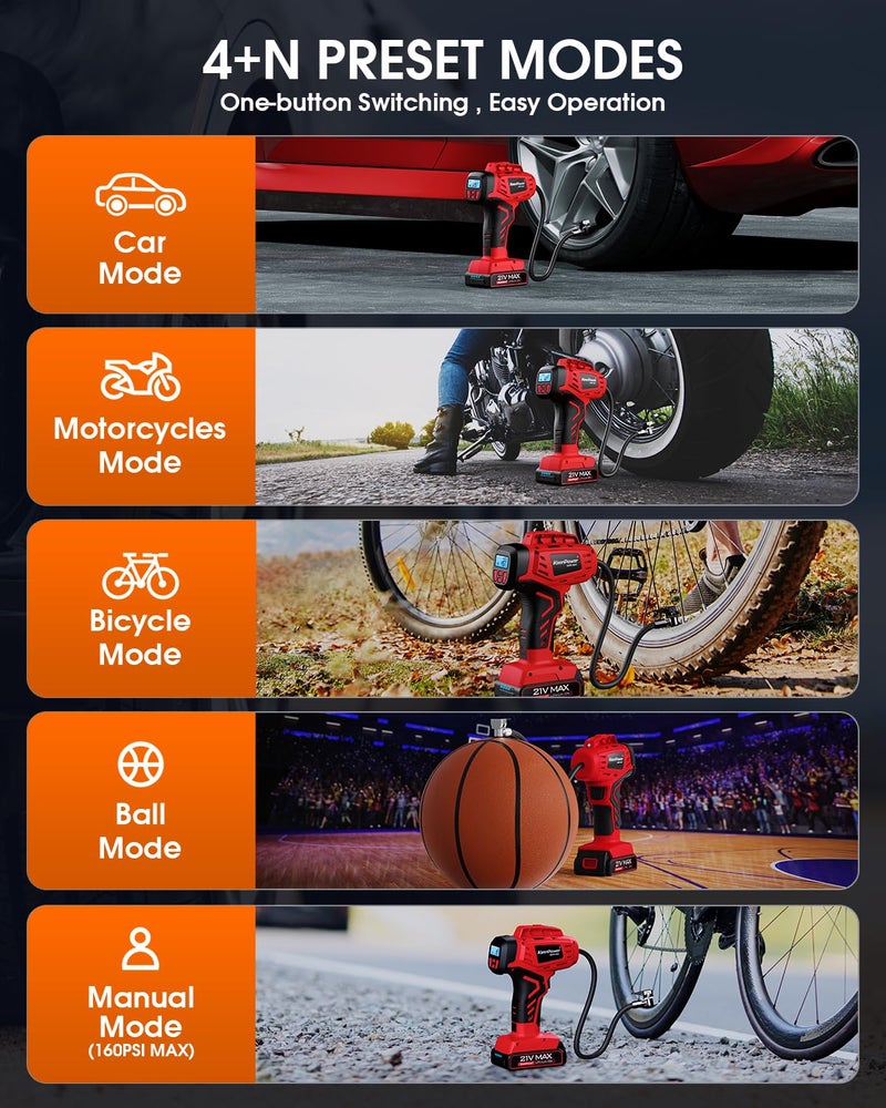 Keenpower Digital Cordless Tire Inflator Portable Air Compressor Automatic 160Psi W/Gauge Screen & 4+N Smart Mode & Dual Power Supply  Rechargeable 21V Battery Powered Handheld Air Pump  Car Tire Pump - Image 4