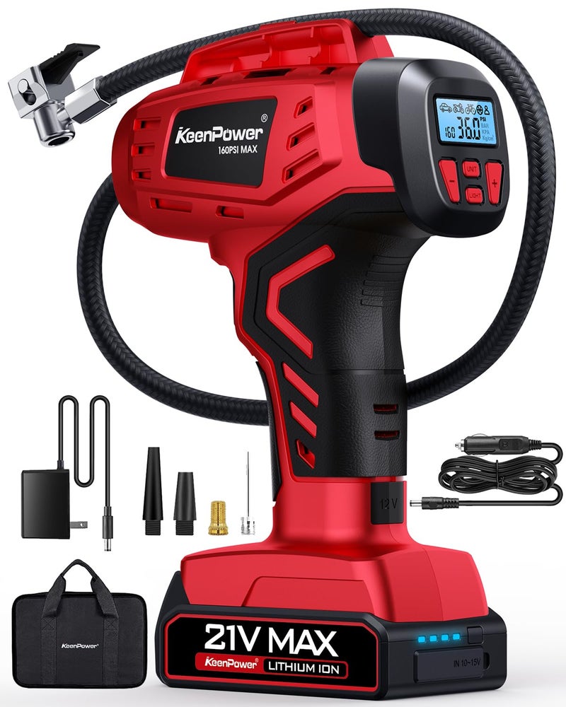Keenpower Digital Cordless Tire Inflator Portable Air Compressor Automatic 160Psi W/Gauge Screen & 4+N Smart Mode & Dual Power Supply  Rechargeable 21V Battery Powered Handheld Air Pump  Car Tire Pump - Image 1