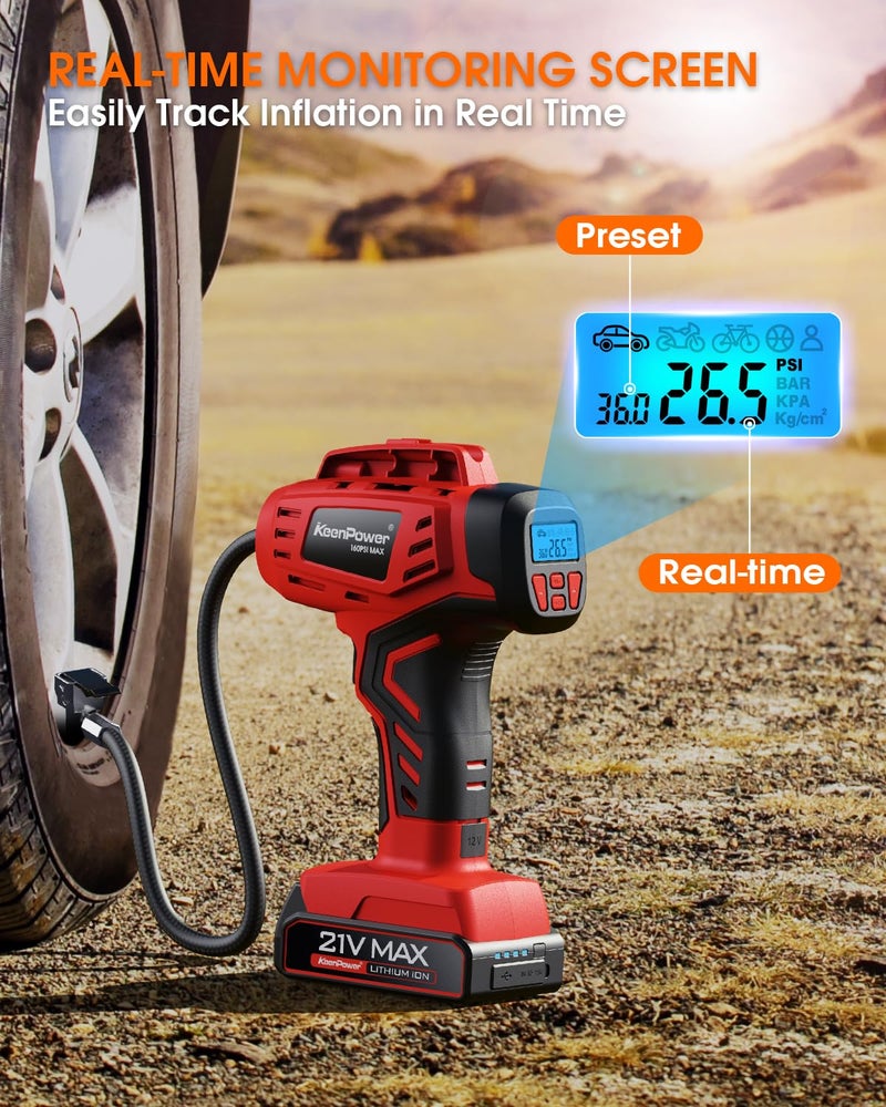 Keenpower Digital Cordless Tire Inflator Portable Air Compressor Automatic 160Psi W/Gauge Screen & 4+N Smart Mode & Dual Power Supply  Rechargeable 21V Battery Powered Handheld Air Pump  Car Tire Pump - Image 3