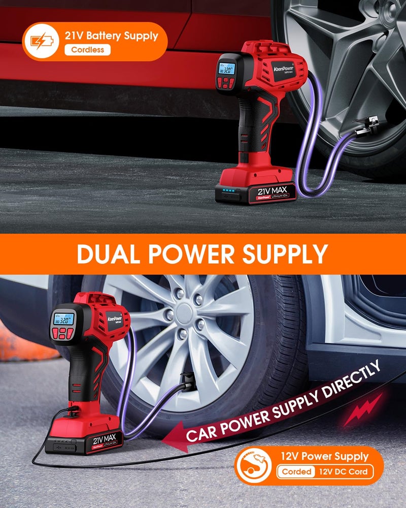 Keenpower Digital Cordless Tire Inflator Portable Air Compressor Automatic 160Psi W/Gauge Screen & 4+N Smart Mode & Dual Power Supply  Rechargeable 21V Battery Powered Handheld Air Pump  Car Tire Pump - Image 5