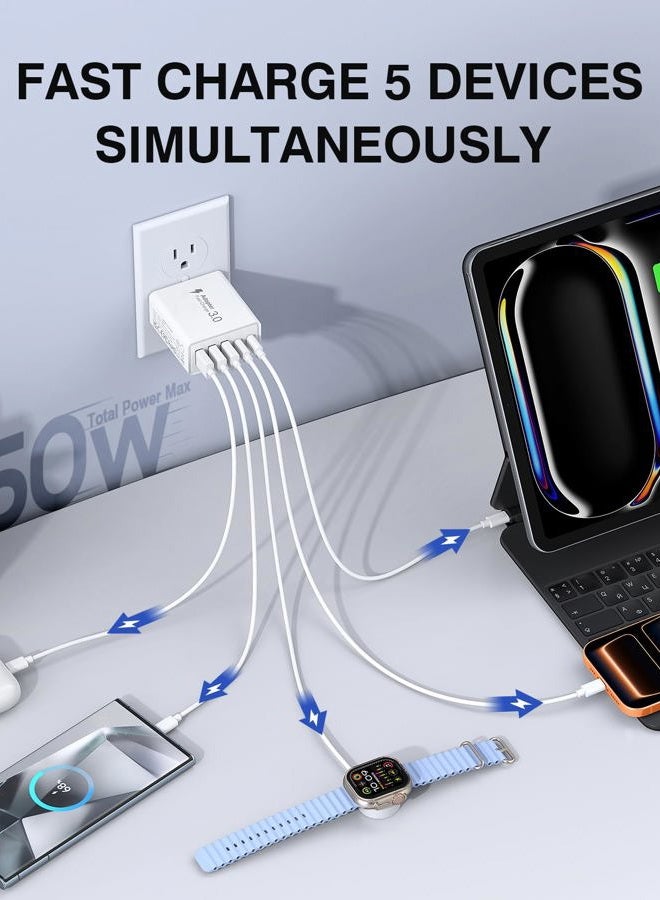Dulums [2-Pack] USB C Wall Charger, 50W 5-Port PD Fast USB C Charging Block,2USB C+3USB A Multiport Plug,Type C Power Adapter Brick Cube for iPhone 15/14/13/12/11/Pro Max/XS/XR,iPad,for Switch,Samsung,Tablet - Image 2