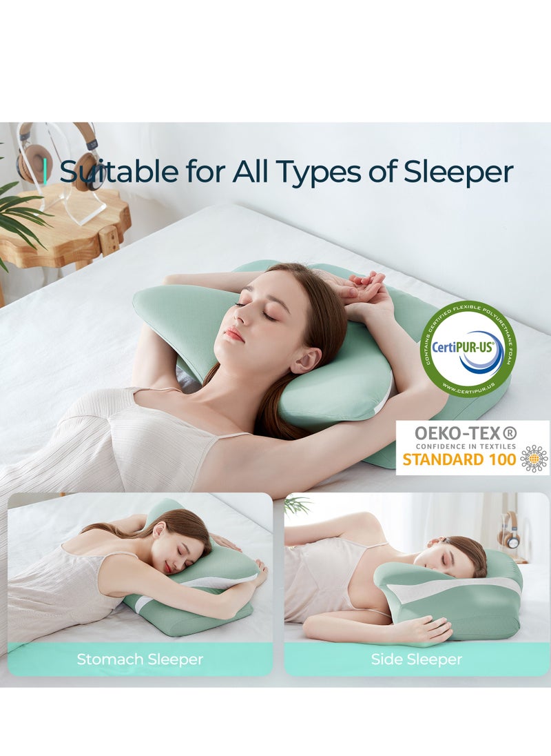 LINSY HOME LINSY HOME Memory Foam Pillow – Cooling nylon fabric Moam Pillow for Deep Sleep Posture, High Density Memory Foam, Orthopedic Pillow, Fermat Spiral Ventilated Holes , Medical Pillow with Washable Soft Pillowcase, Green+white Color, Size 62L*39W*14H cm  - Image 1